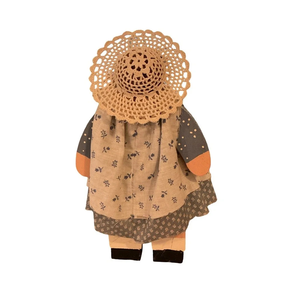 Vintage Handmade Wooden Doll Primitive Farmhouse Decor Blue Floral Lace 9 Inch
